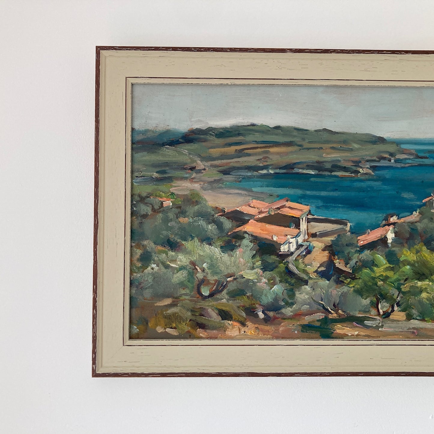 Mediterranean View - Small Original Vintage Spanish Oil Painting of a Bay
