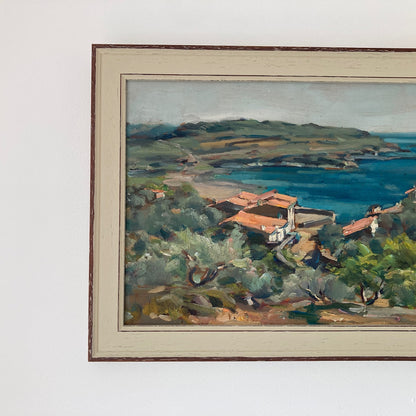Mediterranean View - Small Original Vintage Spanish Oil Painting of a Bay