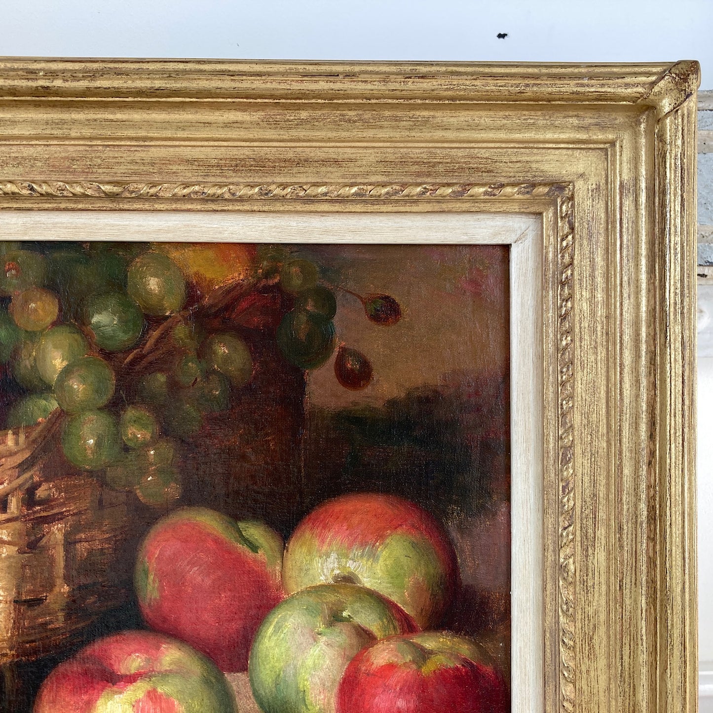 Apples Still Life - A French Original Antique Still Life Oil Painting of Apples and Grapes in a Basket - Framed Original Kitchen Art