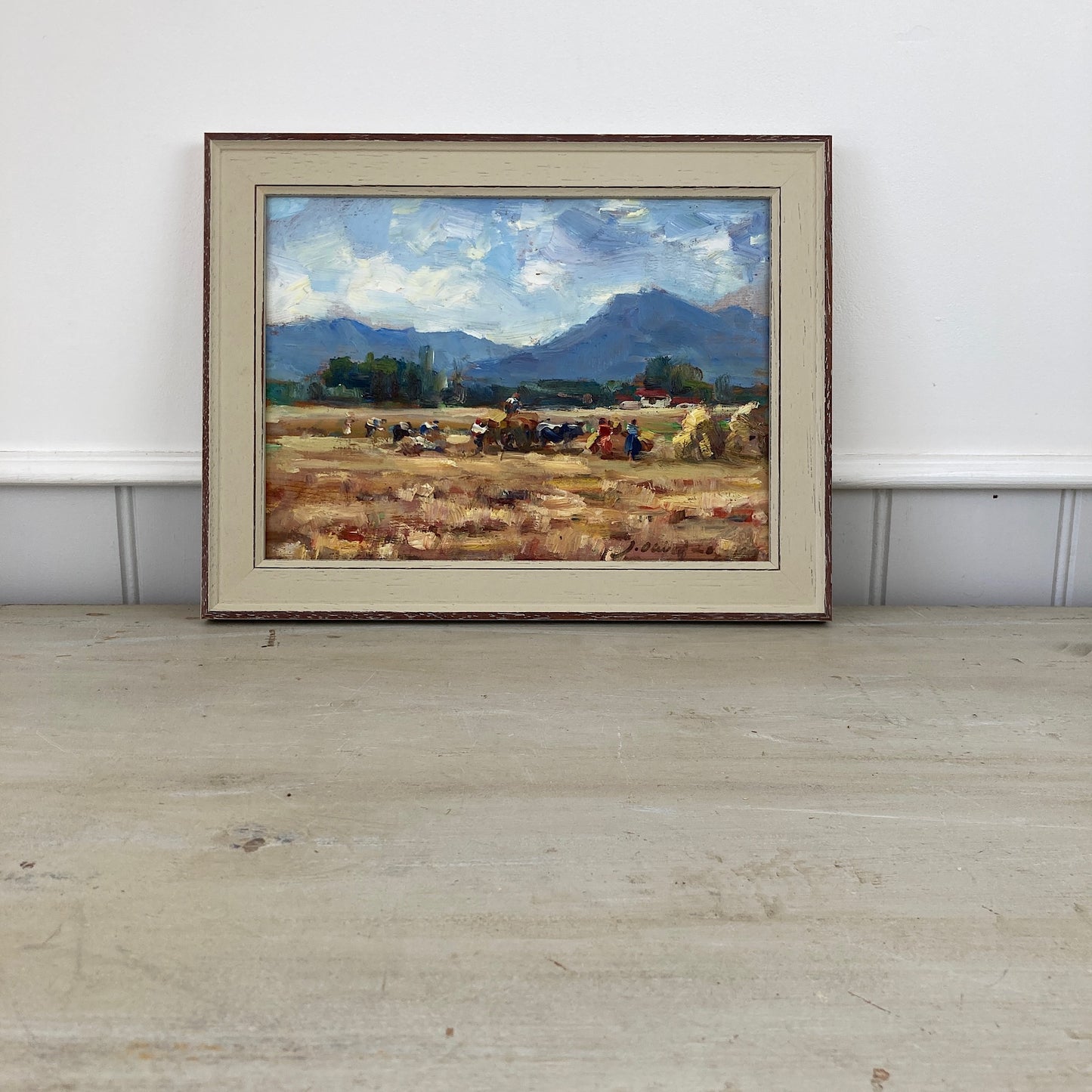 Harvest Time - Small Original Vintage Spanish Oil Painting of a Golden Landscape