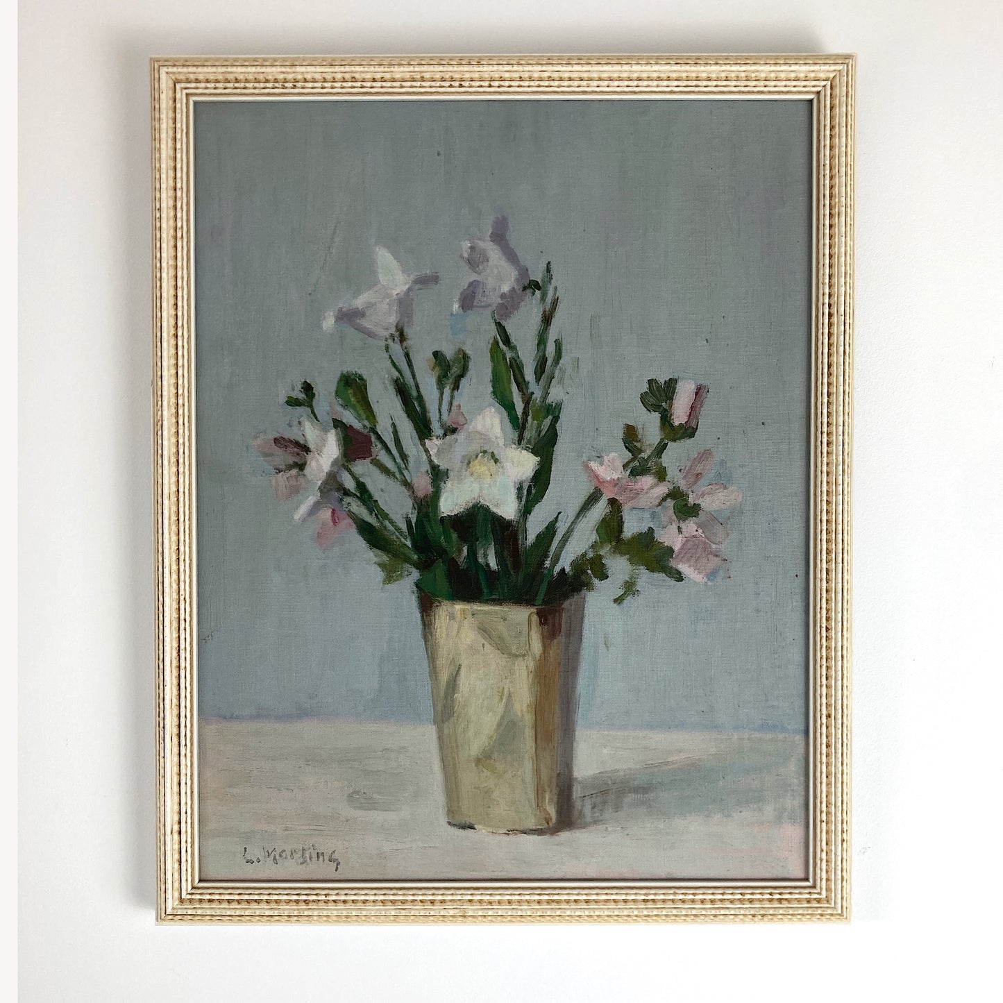 Campanula Flowers - Vintage Mid Century Modern Scandinavian Original Oil Painting by Leopold Morsing