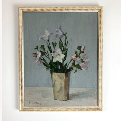 Campanula Flowers - Vintage Mid Century Modern Scandinavian Original Oil Painting by Leopold Morsing