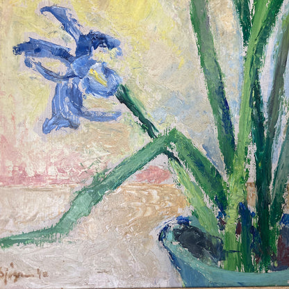 Impressionist Vintage Painting Oil on Board of Iris Flowers in a Still Life Composition Scandinavian Vintage Framed Original Art Dated 1940