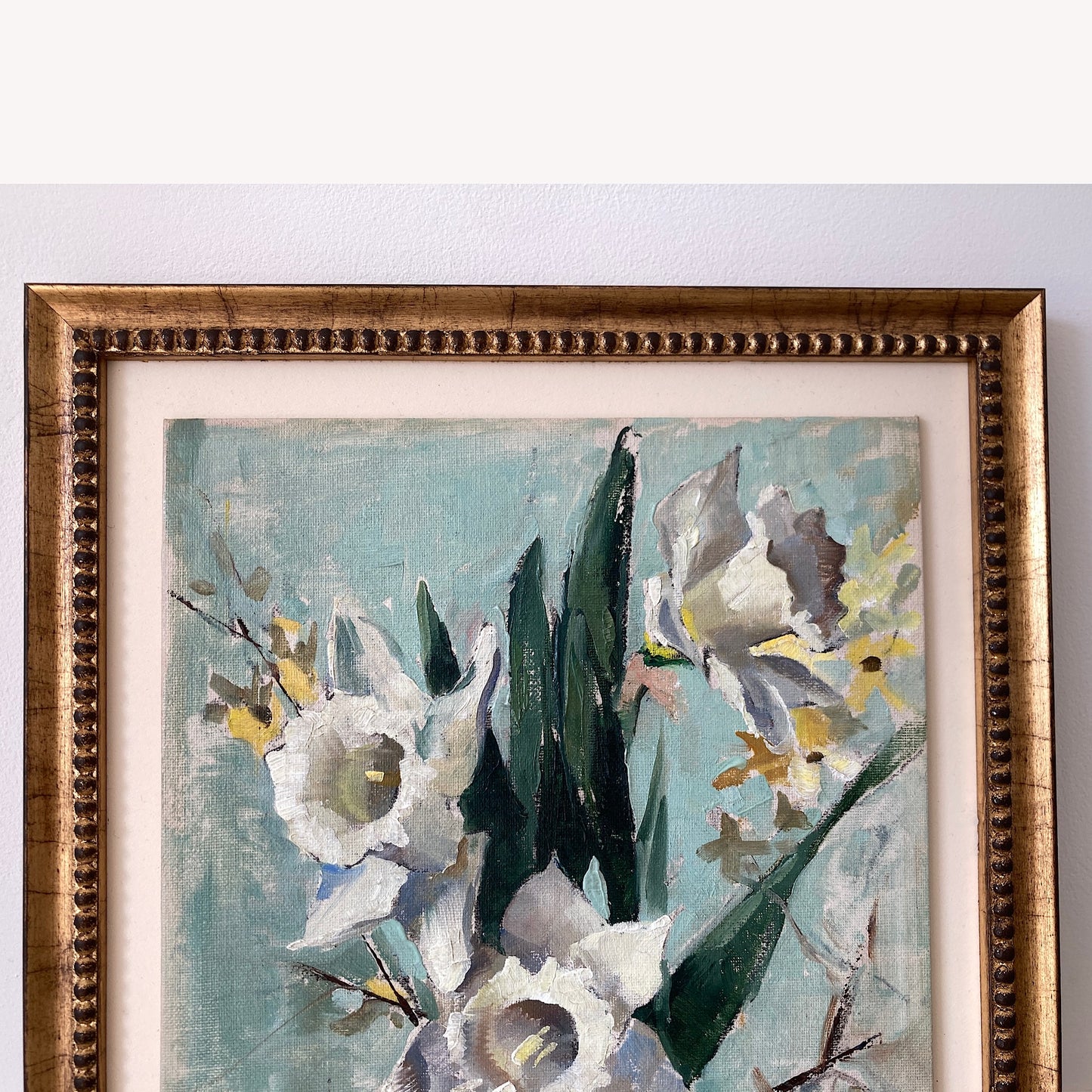 Daffodils Oil Painting – Nan Greacen Impressionist Floral Still Life, Framed Canvas