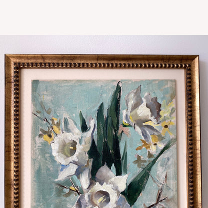 Daffodils Oil Painting – Nan Greacen Impressionist Floral Still Life, Framed Canvas
