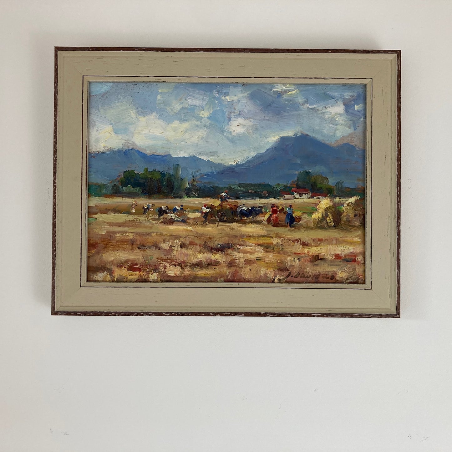 Harvest Time - Small Original Vintage Spanish Oil Painting of a Golden Landscape