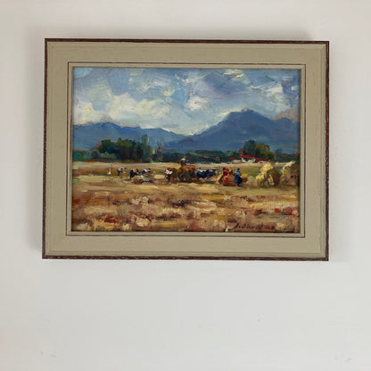 Harvest Time - Small Original Vintage Spanish Oil Painting of a Golden Landscape