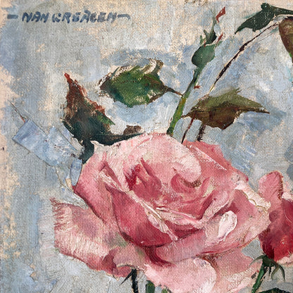 Roses Oil Painting by Nan Greacen – Impressionist Floral Still Life (Circa 1950)