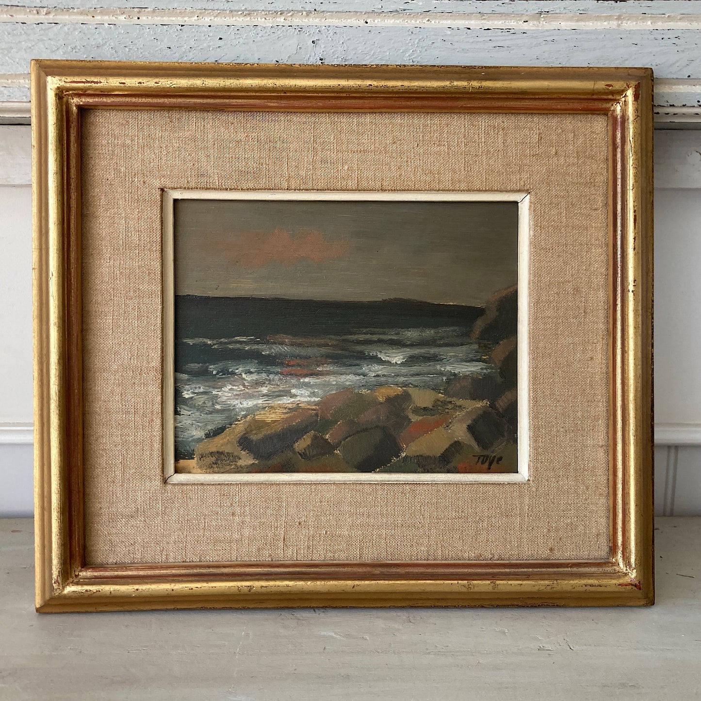 Evening Coast - Vintage Scandinavian Mid Century Oil on Board Framed Painting of Waves on Rocks under an Evening Sky