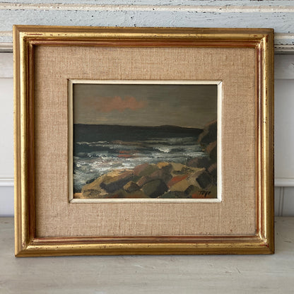 Evening Coast - Vintage Scandinavian Mid Century Oil on Board Framed Painting of Waves on Rocks under an Evening Sky