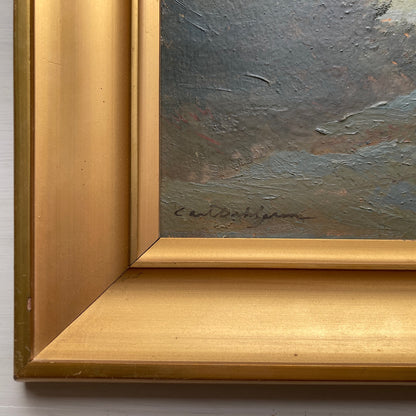Sunlight on the Shore - Vintage Scandinavian Oil on Board Framed Painting of the Last Sun on a Beach Shoreline