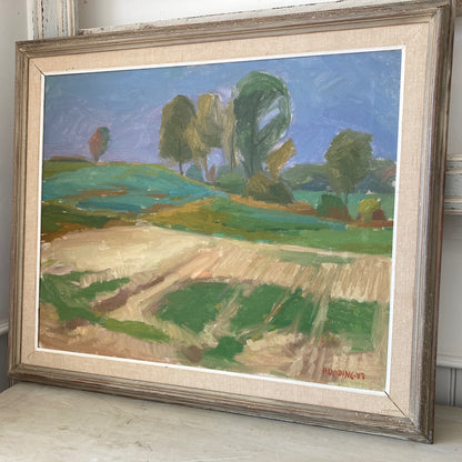 Green Fields - Swedish Mid Century Original Oil on Canvas Framed Painting - Scandinavian Vintage Art