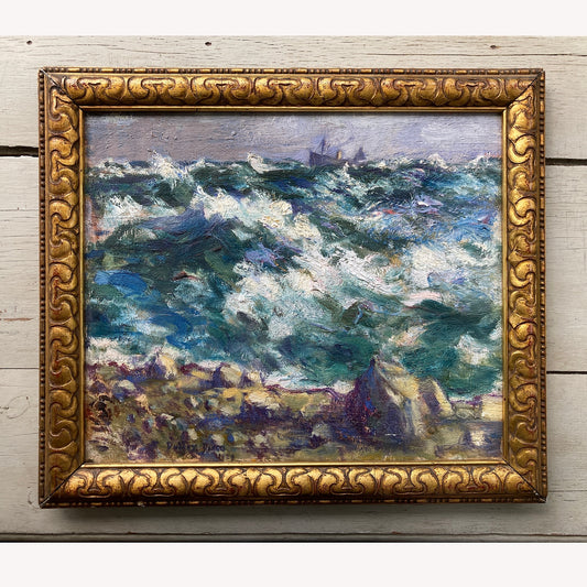 Ocean Waves - Antique Oil on Canvas Seascape Painting with Boat by Dudley Dixon (1897-1962)