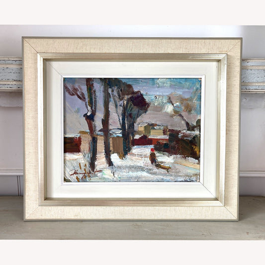 ON HOLD Mid Century Modern - A Vintage Scandinavian Painting - Original Framed Oil Painting - Townscape View of Child Pulling Toboggan through Snow