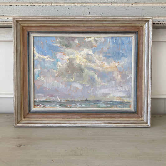 Vintage Seascape Painting - Original European Oil on Artists Board Painting of Clouds Above the Sea with Sail Boats and Yachts