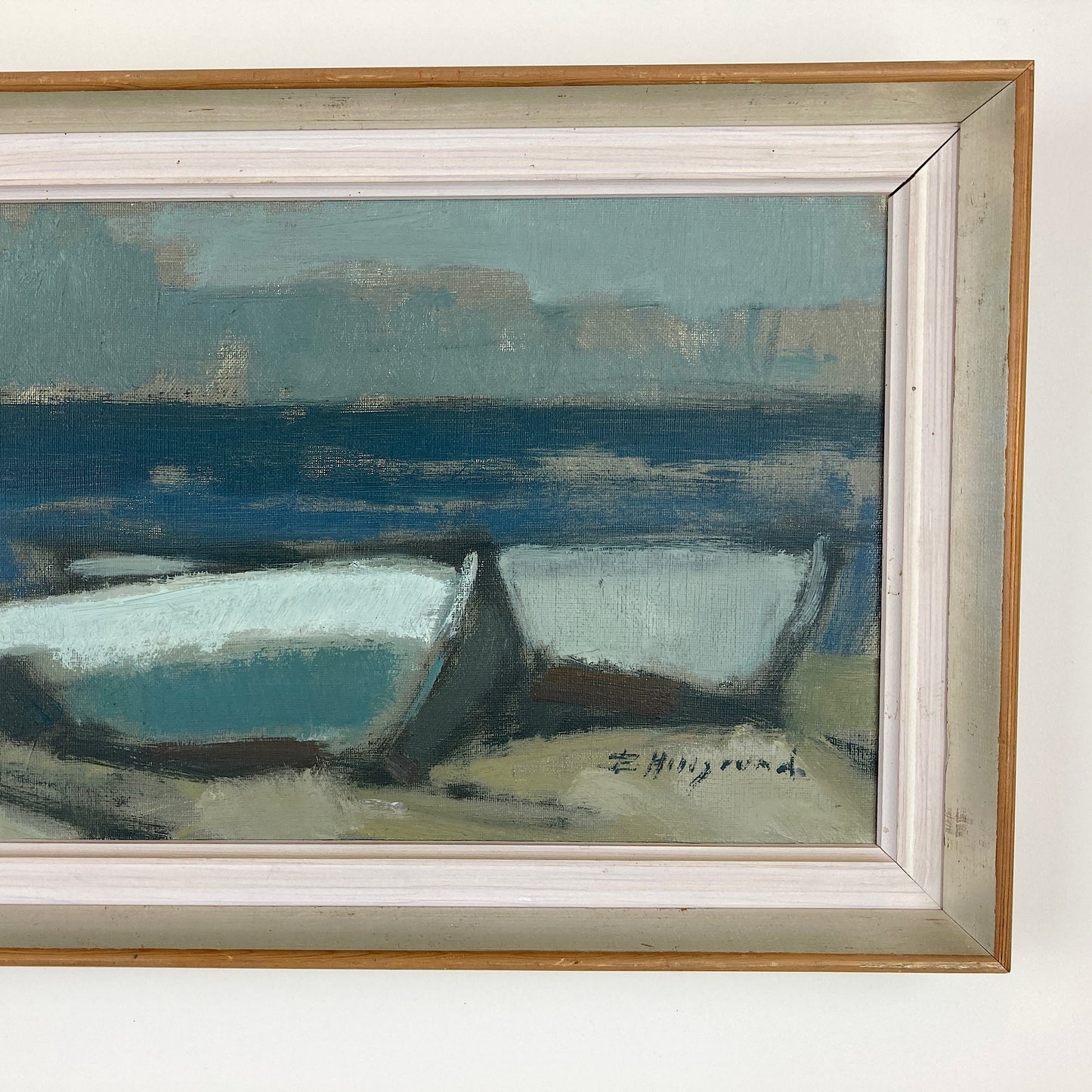 Vintage Scandinavian Mid Century Painting of Boats on the Shore