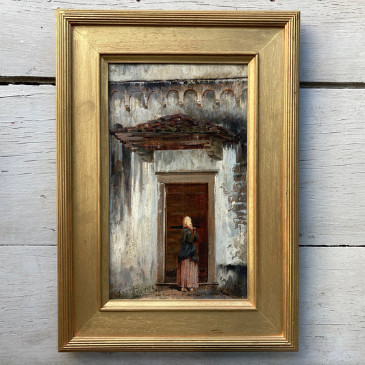 Antique Italian Oil Painting Woman in a Doorway by Francesco Gnecchi Dated 1883