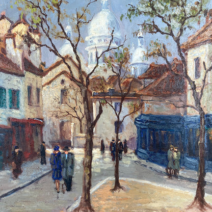 Vintage Paris Painting - Atmospheric Original Oil on Board Original Painting of a Paris Street in Monmartre with Sacre Coeur in the Distance