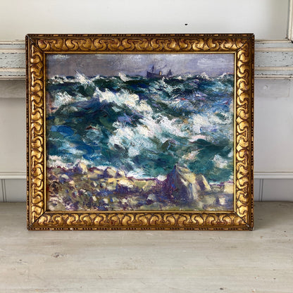 Ocean Waves - Antique Oil on Canvas Seascape Painting with Boat by Dudley Dixon (1897-1962)