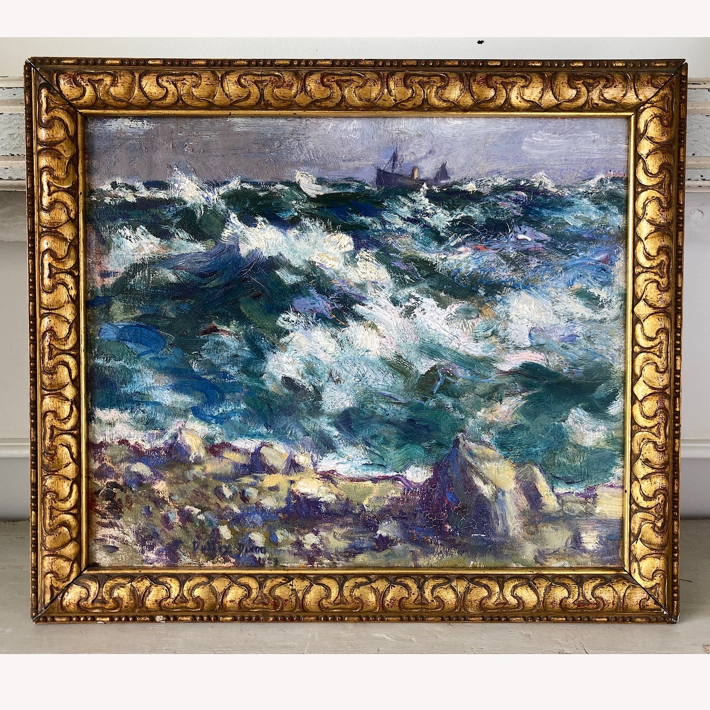 Ocean Waves - Antique Oil on Canvas Seascape Painting with Boat by Dudley Dixon (1897-1962)