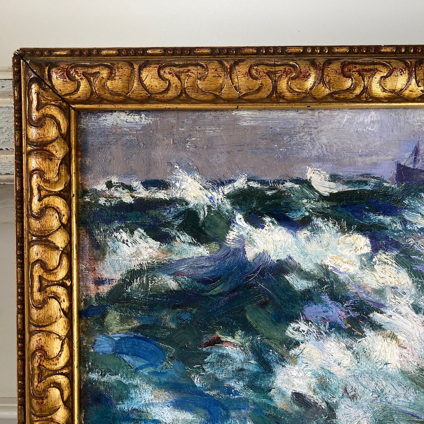 Ocean Waves - Antique Oil on Canvas Seascape Painting with Boat by Dudley Dixon (1897-1962)