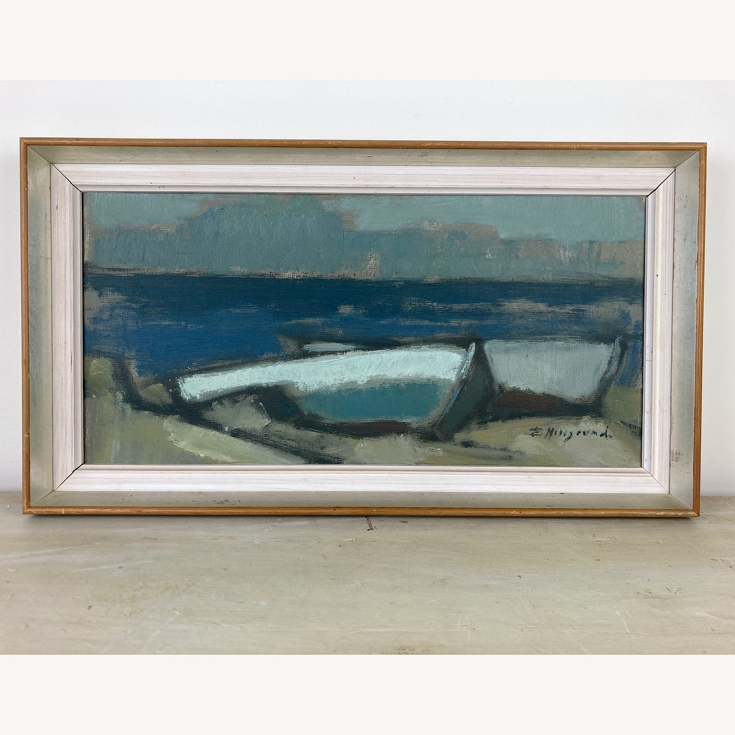 Vintage Scandinavian Mid Century Painting of Boats on the Shore