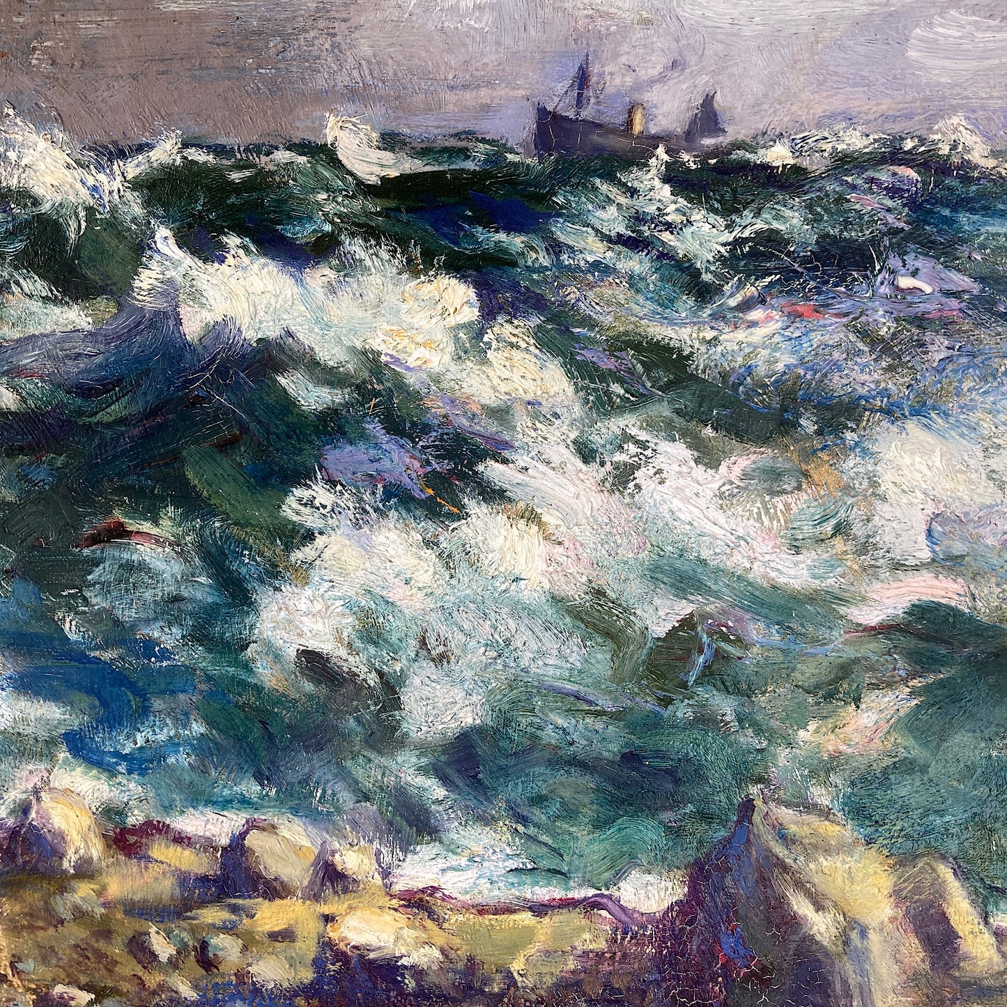 Ocean Waves - Antique Oil on Canvas Seascape Painting with Boat by Dudley Dixon (1897-1962)