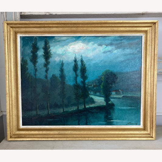Original Painting of a French Landscape - Oil on Canvas Moonlit River Painting by Belgian Artist Raymond Tassoul Born 1887