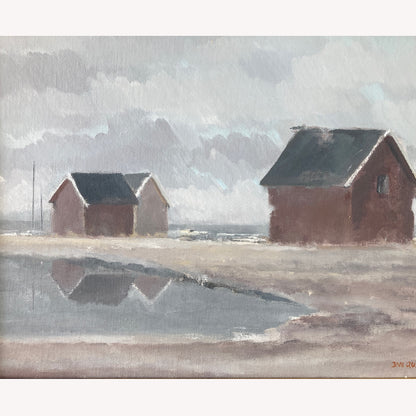 Vintage Scandinavian Painting of Fishing Cottages on the Shore