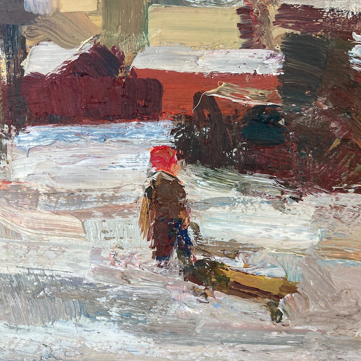 ON HOLD Mid Century Modern - A Vintage Scandinavian Painting - Original Framed Oil Painting - Townscape View of Child Pulling Toboggan through Snow