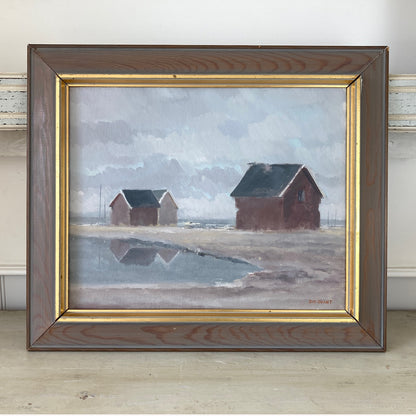 Vintage Scandinavian Painting of Fishing Cottages on the Shore