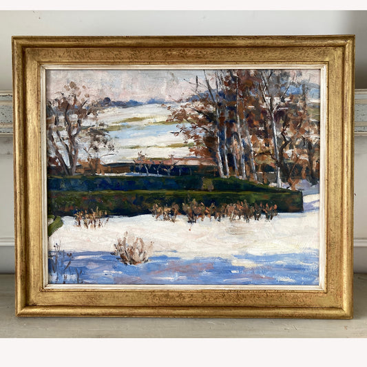 Framed Original Oil Painting - British School Oil on Board Painting of a Formal Garden in a Winter Landscape Circa 1960