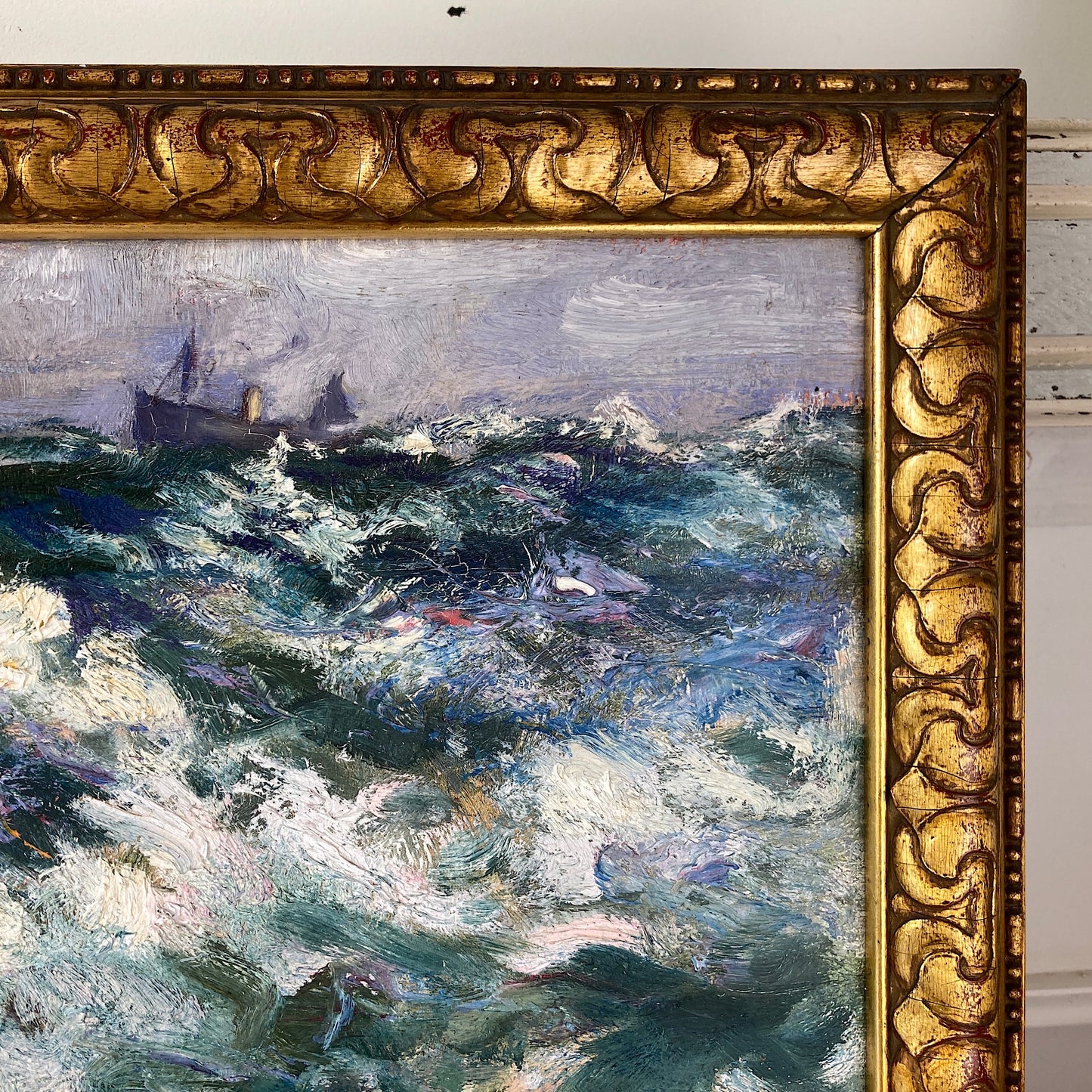 Ocean Waves - Antique Oil on Canvas Seascape Painting with Boat by Dudley Dixon (1897-1962)