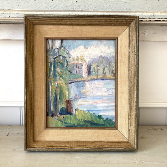 Vintage Small Landscape Framed European Oil Painting - Lakeside View