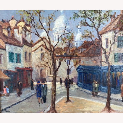 Vintage Paris Painting - Atmospheric Original Oil on Board Original Painting of a Paris Street in Monmartre with Sacre Coeur in the Distance