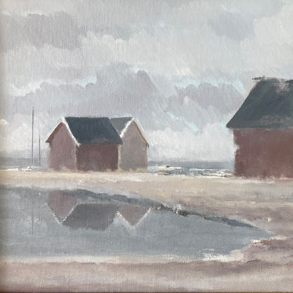 Vintage Scandinavian Painting of Fishing Cottages on the Shore