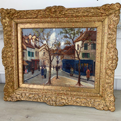 Vintage Paris Painting - Atmospheric Original Oil on Board Original Painting of a Paris Street in Monmartre with Sacre Coeur in the Distance