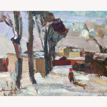 ON HOLD Mid Century Modern - A Vintage Scandinavian Painting - Original Framed Oil Painting - Townscape View of Child Pulling Toboggan through Snow