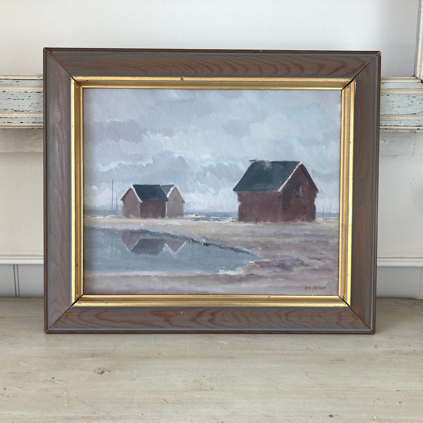 Vintage Scandinavian Painting of Fishing Cottages on the Shore