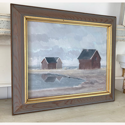 Vintage Scandinavian Painting of Fishing Cottages on the Shore