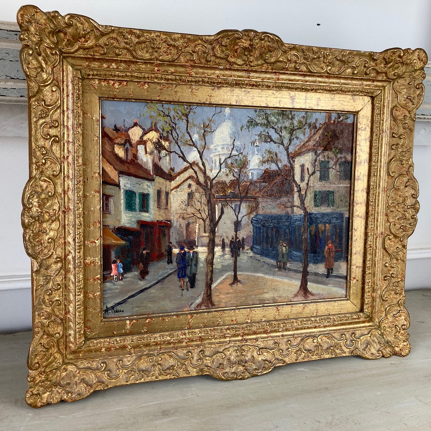 Vintage Paris Painting - Atmospheric Original Oil on Board Original Painting of a Paris Street in Monmartre with Sacre Coeur in the Distance