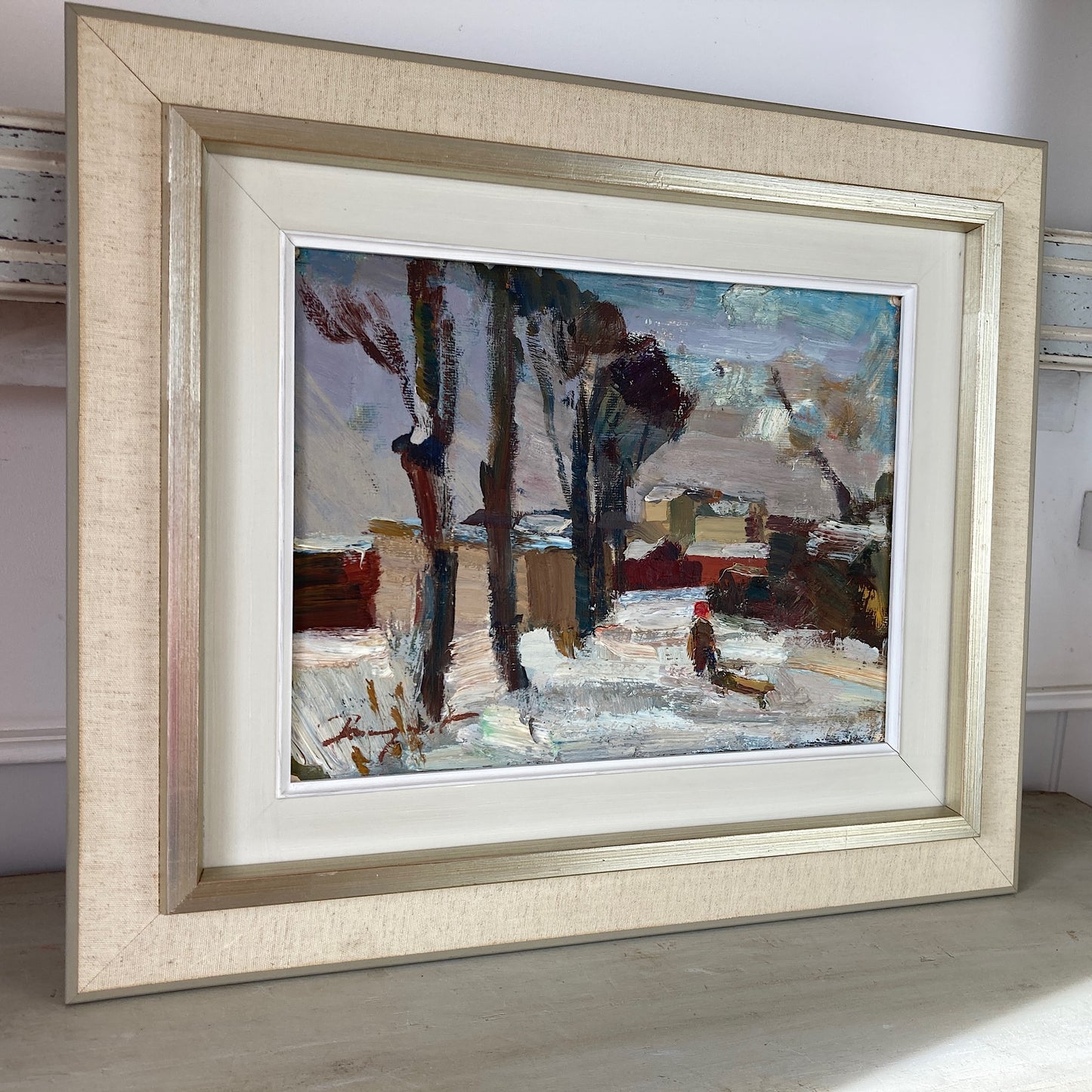 ON HOLD Mid Century Modern - A Vintage Scandinavian Painting - Original Framed Oil Painting - Townscape View of Child Pulling Toboggan through Snow