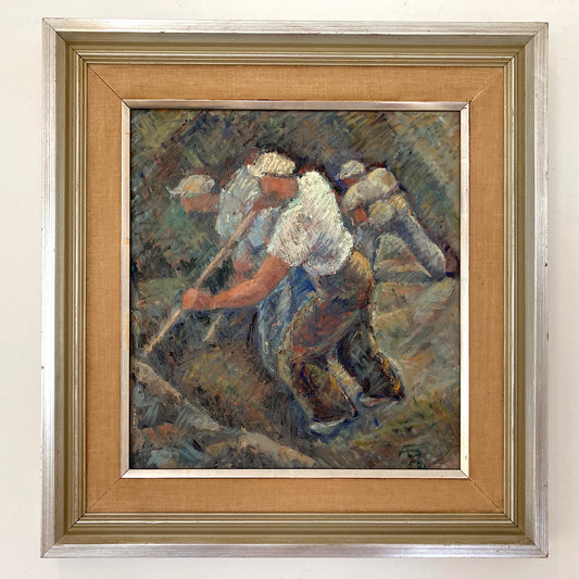 Working the Land - Mid Century Modernist Study of Men Labouring at Harvest Time - A Vintage Scandinavian Oil on Board Painting Dated 1952