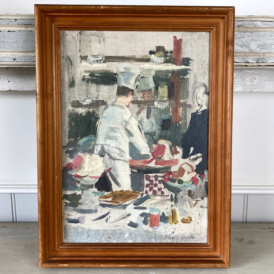 Chef and Kitchen - Vintage British Oil on Board of Chefs working in the Kitchen at Brown’s Hotel Restaurant London by Paul Wyeth (1920-1983)