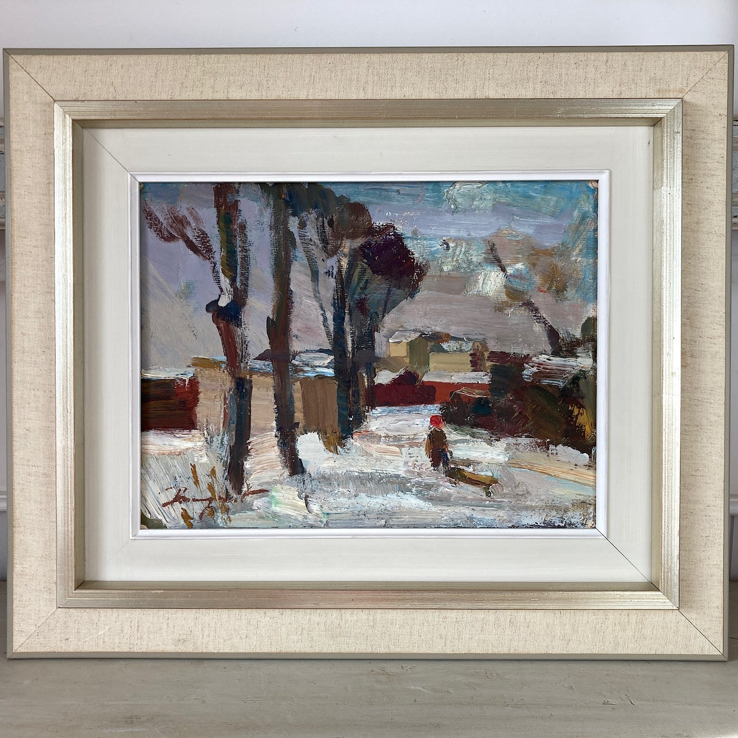 ON HOLD Mid Century Modern - A Vintage Scandinavian Painting - Original Framed Oil Painting - Townscape View of Child Pulling Toboggan through Snow