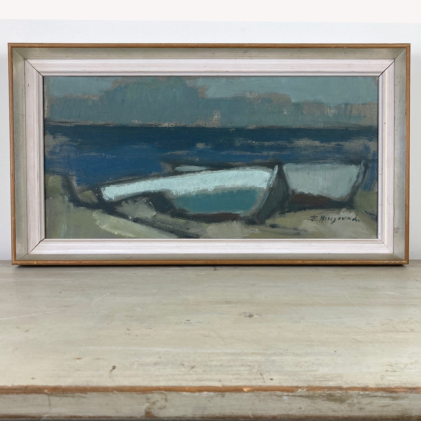 Vintage Scandinavian Mid Century Painting of Boats on the Shore