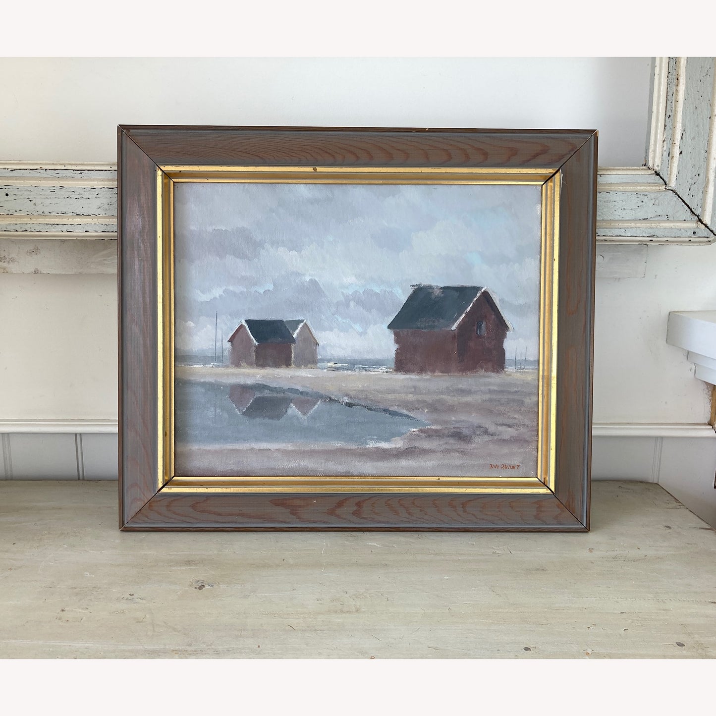 Vintage Scandinavian Painting of Fishing Cottages on the Shore