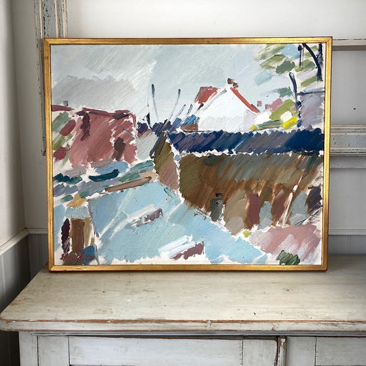 Mid Century Abstract - A Large Oil on Canvas of a Rooftop View - Swedish Vintage Painting