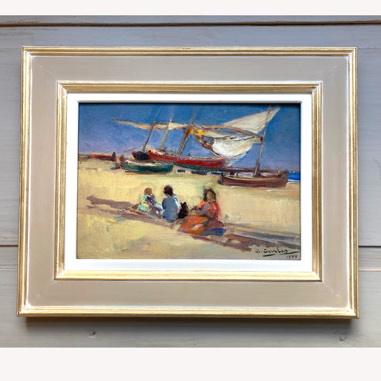 ON HOLD Spanish Impressionist Vintage Painting - Beach Scene Mid Century Original Oil on Canvas Dated 1944 Catalan Artist Domènec Carles y Rosich
