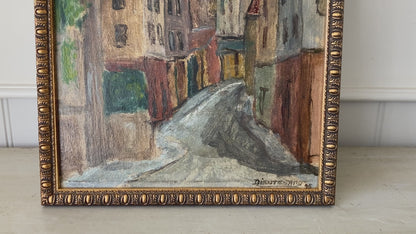 Small Vintage Paris Painting - Original Oil on Board Original Painting of a Paris Street in Monmartre with the Sacre Coeur